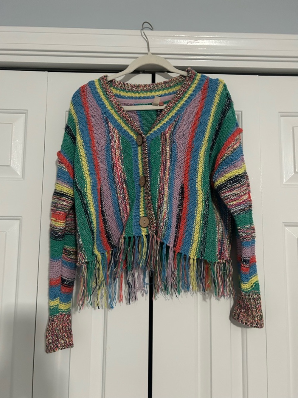 Anthropologie Multicolor Striped Fringe Cardigan in Green, Red, Blue, Yellow